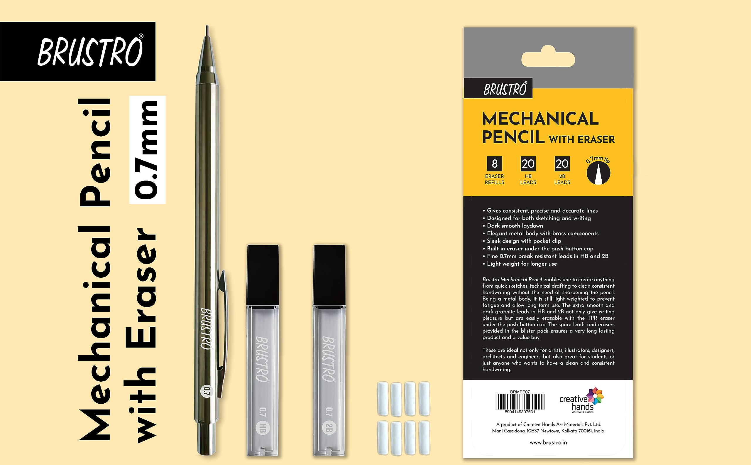 BRUSTRO Mechanical Pencil Set | HB-20 leads, 2B-20 leads,Spare eraser 8 units|Tip size 0.7 mm | Ideal for Students,Adults, Home, School, Office Use |Writing, Sketching, Drawing,Mandala Art