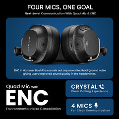 HAMMER Bash Pro 33 dB Hybrid ANC Over Ear Wireless Headphones, 4 Mics for Clear Calling, Charge 10mins = 300mins playtime, 40mm Driver, Transparency Mode, 37Hrs Playtime, Super soft Cushion, 5.3 Black