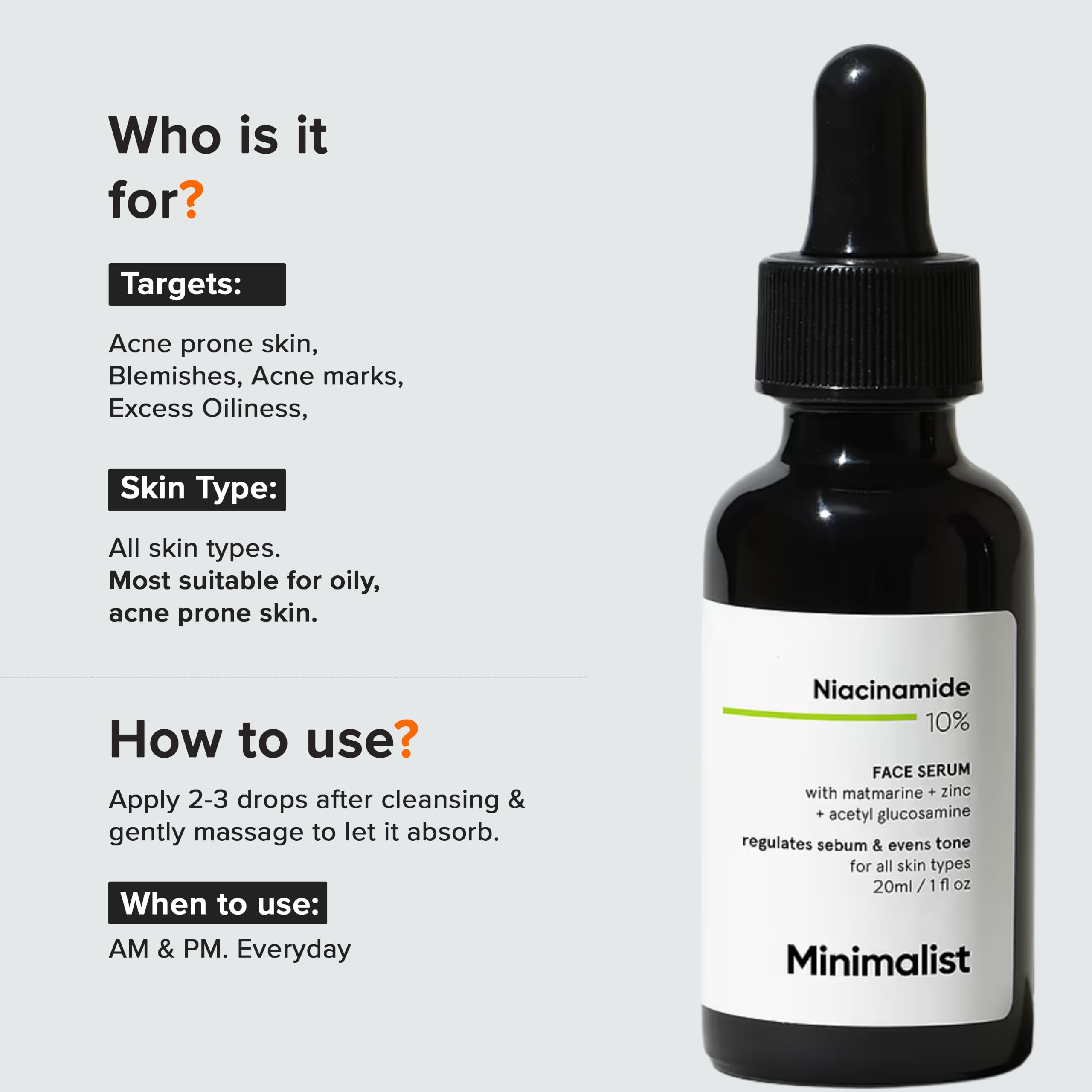 Minimalist 10% Niacinamide Serum with Zinc – Reduces Acne Marks, Controls Oil & Minimizes Pores | Vitamin B3 for Blemish-Free, Clear Skin | For Oily & Acne-Prone Skin | 20 ml