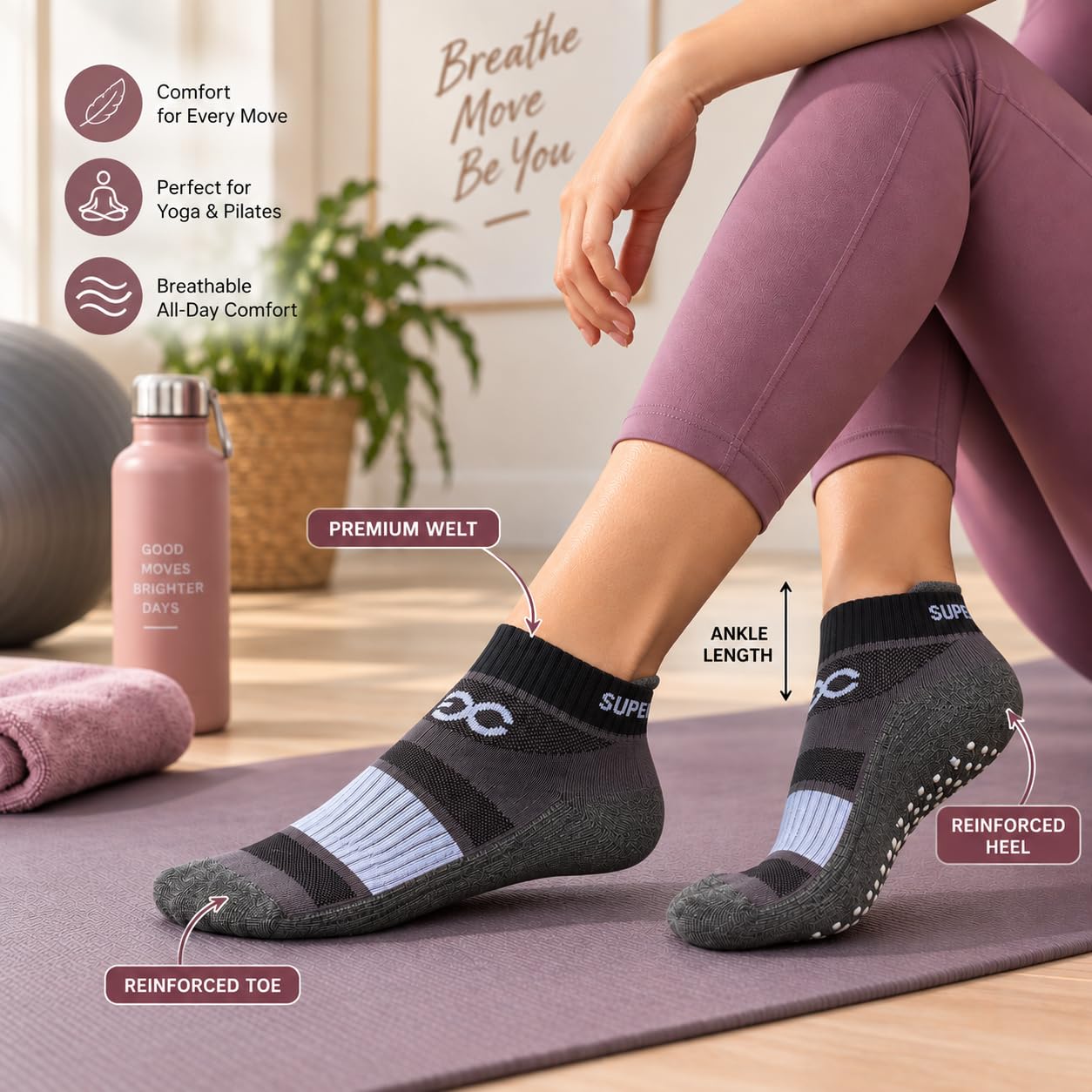 SuperGear Yoga Sports Socks for Women | Combed Cotton | Cushioned Comfort | Non-Slip Anti-Skid Grip | Ideal for Yoga, Exercise, Gym & Walking | Multicolour | Free Size | Pack of 3