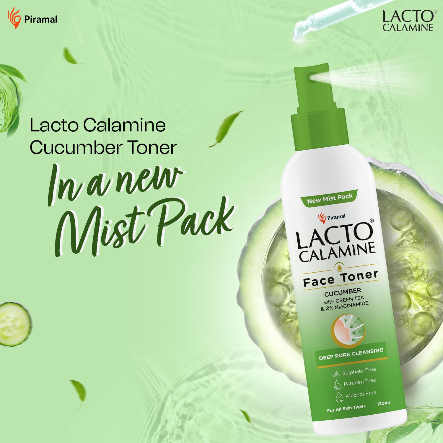Lacto Calamine Face Toner With Cucumber | 120ml | Deep Pore Cleansing | Open Pores Tightening with Green Tea & 2% Niacinamide For Cool & Hydrated Skin | No Sulphate, Alcohol, Parabens