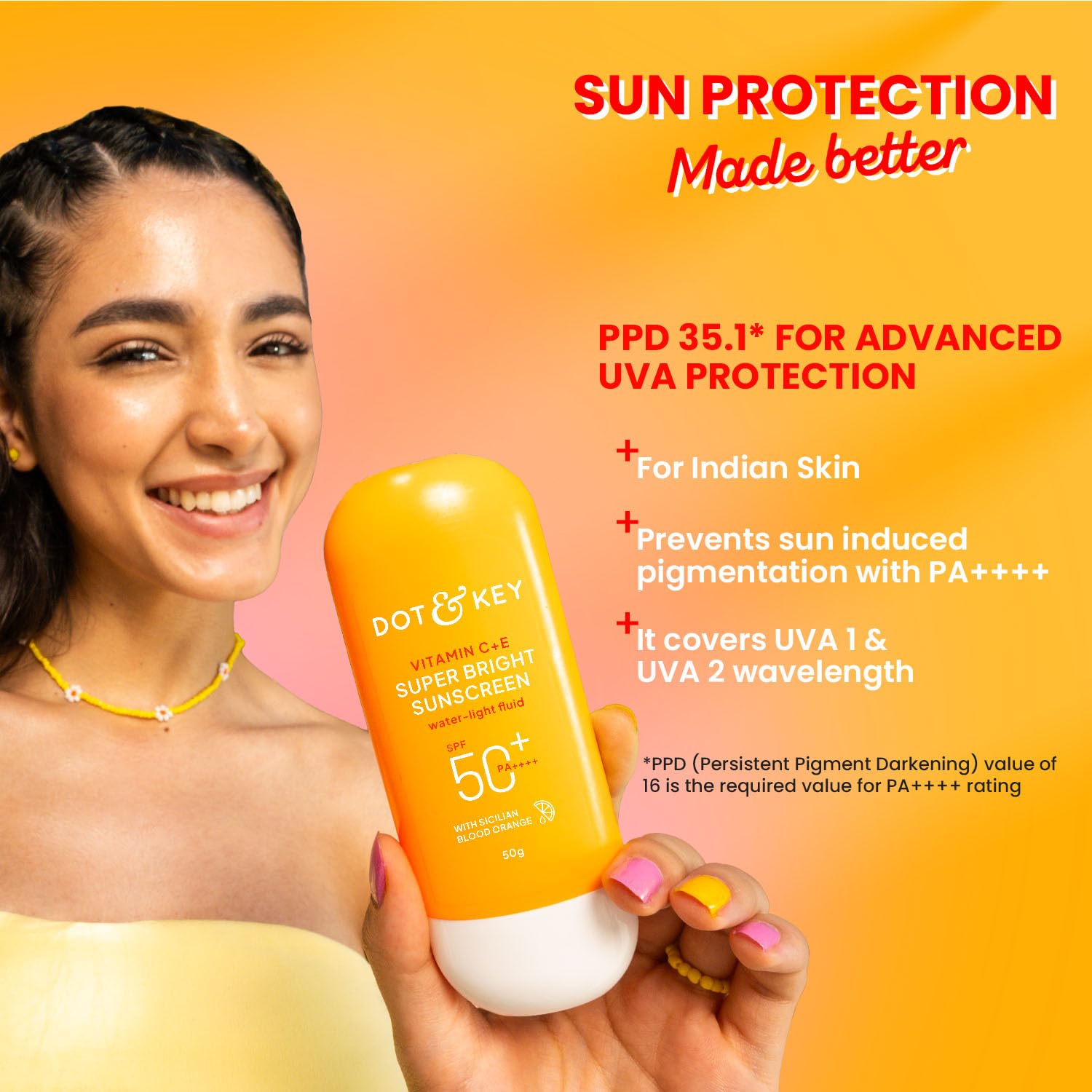 Dot & Key Vitamin C + E Super Bright Sunscreen In-Vivo Tested SPF 50+ PA++++ With New-Age UV Filters, Water-Light Fluid, Boosts Glow, Reduces Dullness & Dark Spots, Checks Tanning, No White Cast, 80g