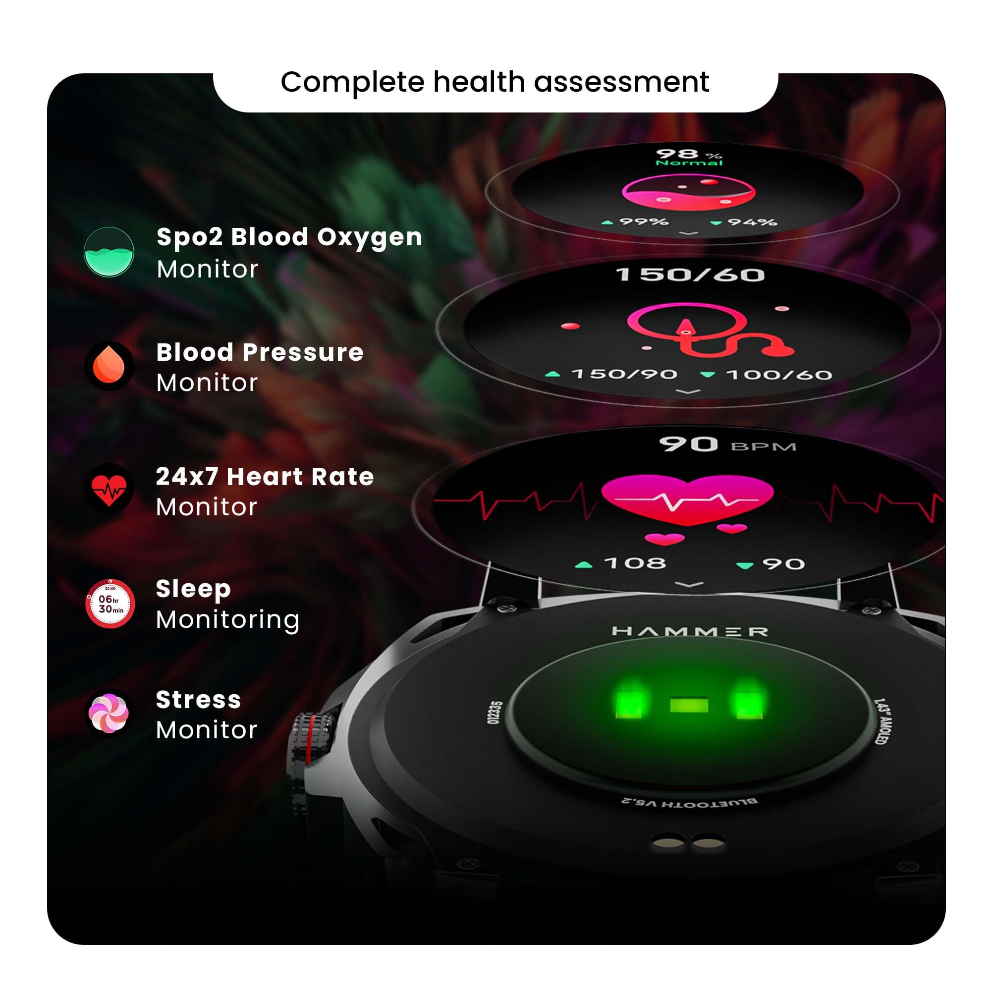 HAMMER Fit Pro 1.43" Super AMOLED Display Smart Watch Round Dial with Bluetooth Calling, Metallic Build, Always on Display, Multi Sports Modes (Black)
