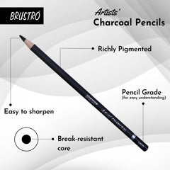 BRUSTRO Artists Charcoal Pencil - Set of 4 (3 Black Shade - Soft, Medium, Hard and 1 White - Medium) | Ideal for Drawing, Shading, Coloring, Sketching, Artwork, Portrait, Landscape, Smooth Blending