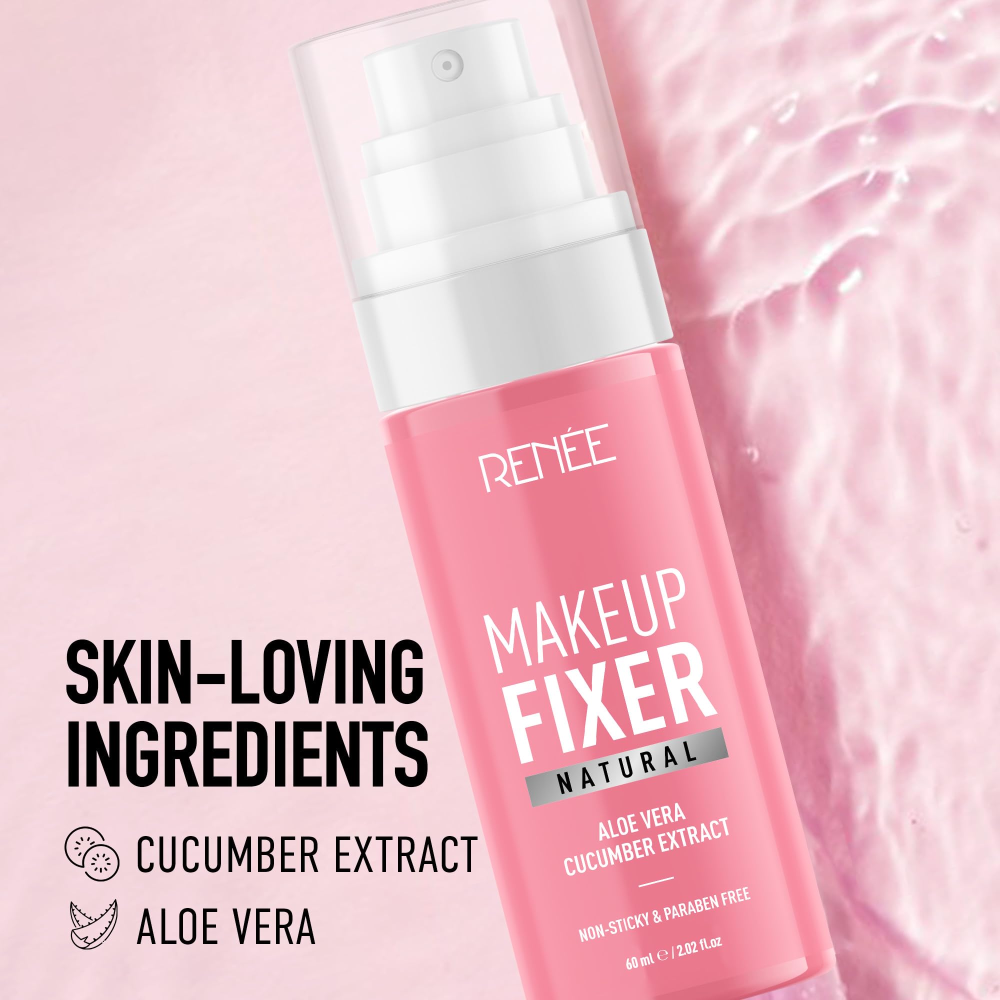 RENEE Natural Makeup Fixer For Face | Non-Sticky, Dewy Finish | With Aloe Vera & Cucumber Extract | Alcohol-Free, Hydrating Setting Spray | Vegan & Cruelty-Free | 60 ml