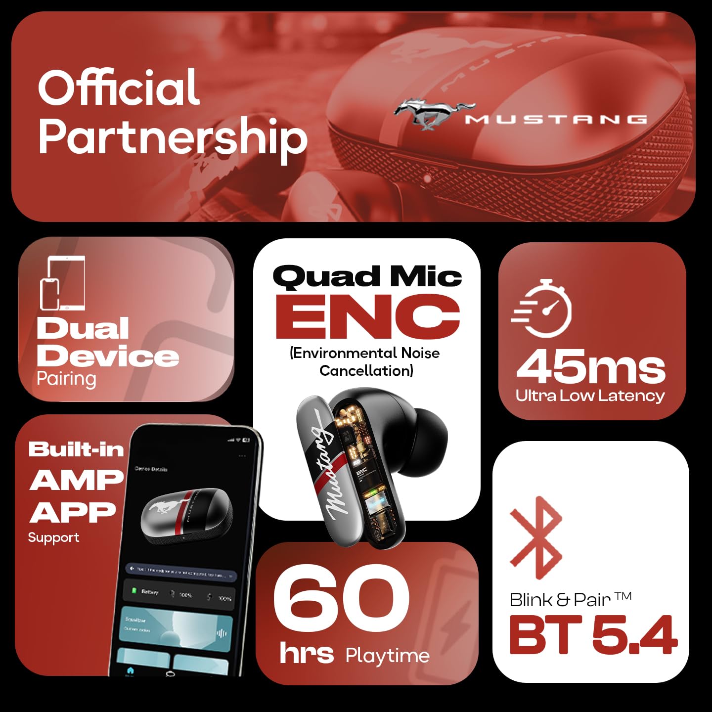 GOBOULT Mustang Dyno Earbuds with 60H Playtime, App Support, Dual Pairing, 4 Mics ENC, 45ms Low Latency, 13mm Drivers, Touch Controls, IPX5 Ear Buds Wireless (Silver)