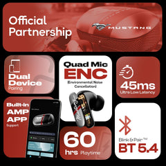 GOBOULT Mustang Dyno Earbuds with 60H Playtime, App Support, Dual Pairing, 4 Mics ENC, 45ms Low Latency, 13mm Drivers, Touch Controls, IPX5 Ear Buds Wireless (Silver)