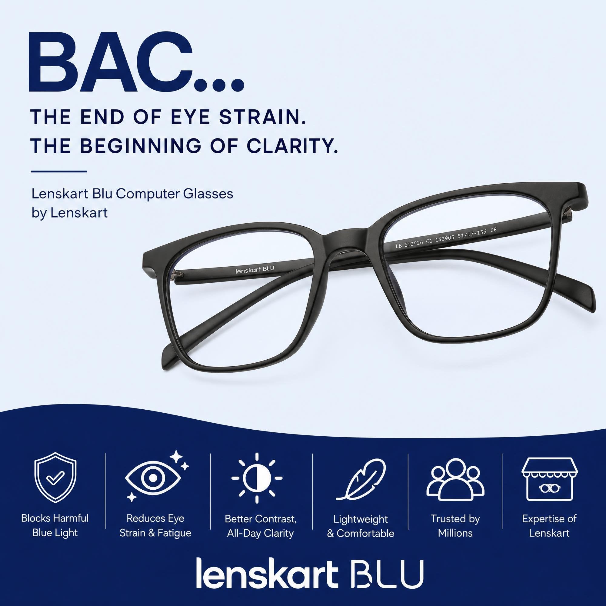 LENSKART BLU | Zero Power Blue Cut Computer Glasses | Anti Glare, Lightweight & Blocks Harmful Rays | UV Protection Specs | Men & Women | Medium | LB E13526