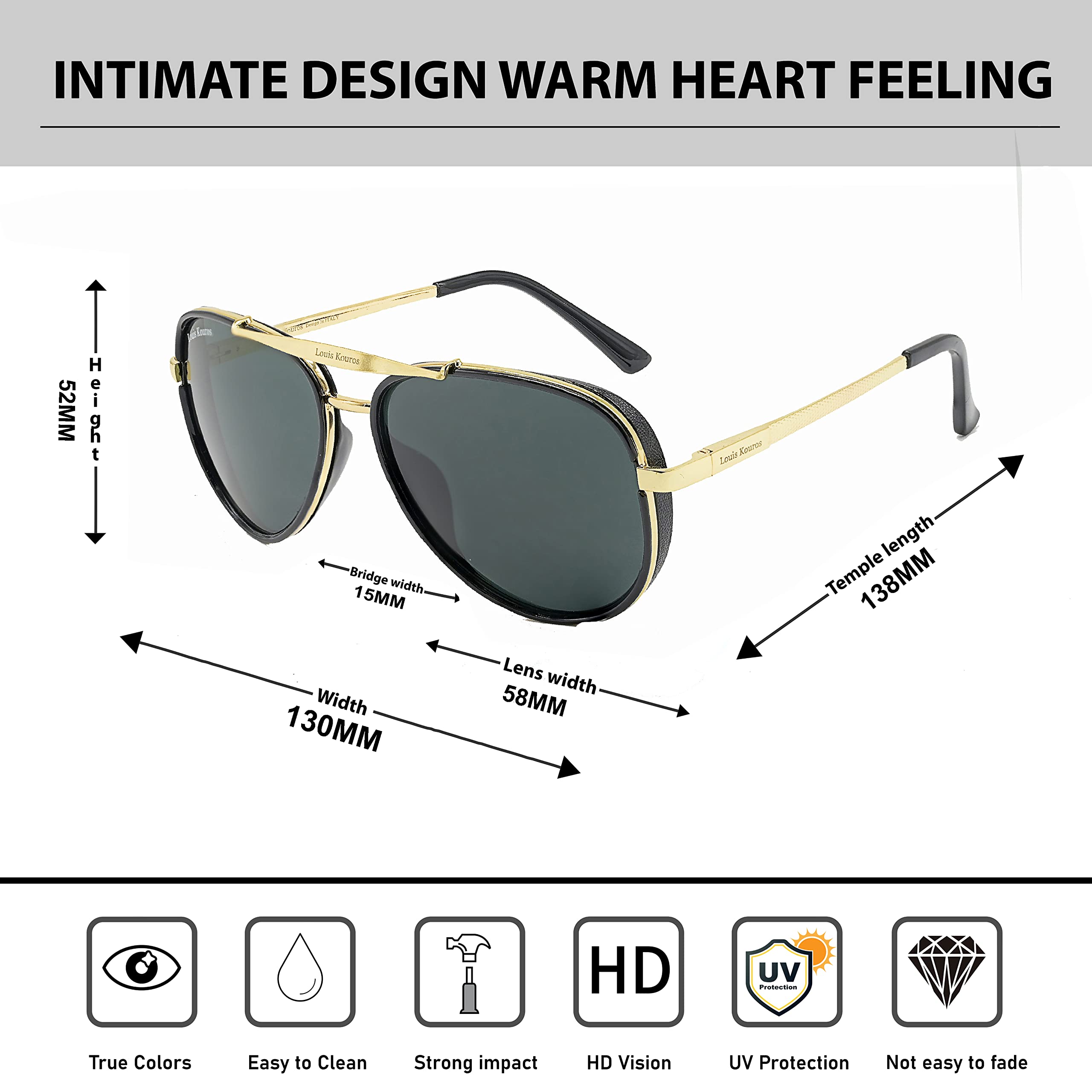 Louis Kouros Cherokee Aviator Classic 4414 sunglasses | Gold Frame | Black Lens | Mirror Lens | 400 UV Protected | For Men & Women | Medium