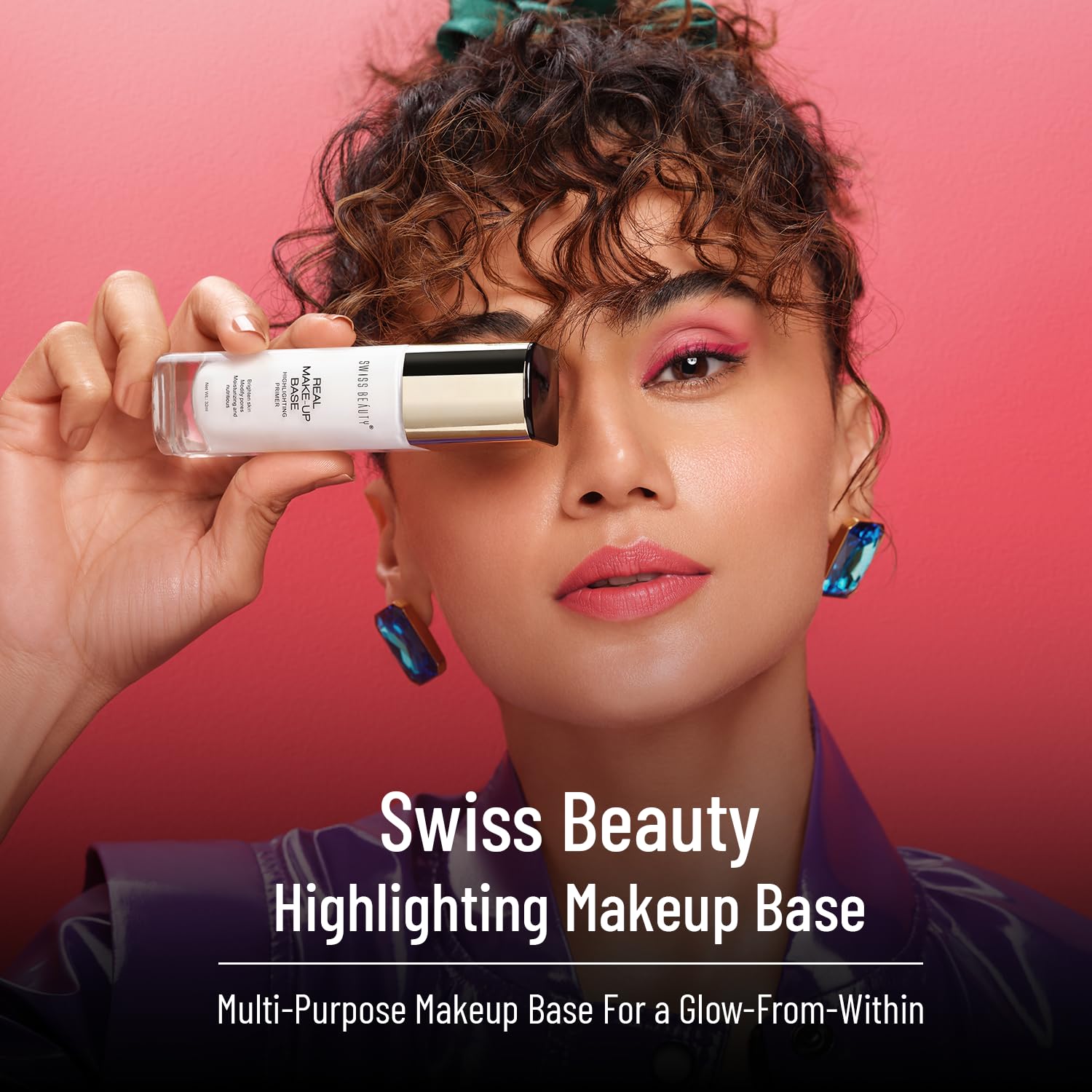 Swiss Beauty Real Makeup Base Highlighting Primer | Skin-Hydrating Poreless Primer With Natural Glow Finish For Face Makeup | Shade - 03 Pink Tint, 32Ml