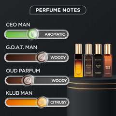 Bella Vita Luxury Man | Long Lasting Liquid Eau De Parfum Gift Set 4 X 20 Ml Perfume For Men | With Klub, Oud, CEO, G.O.A.T | Woody, Citrusy Premium Fragrance Scent