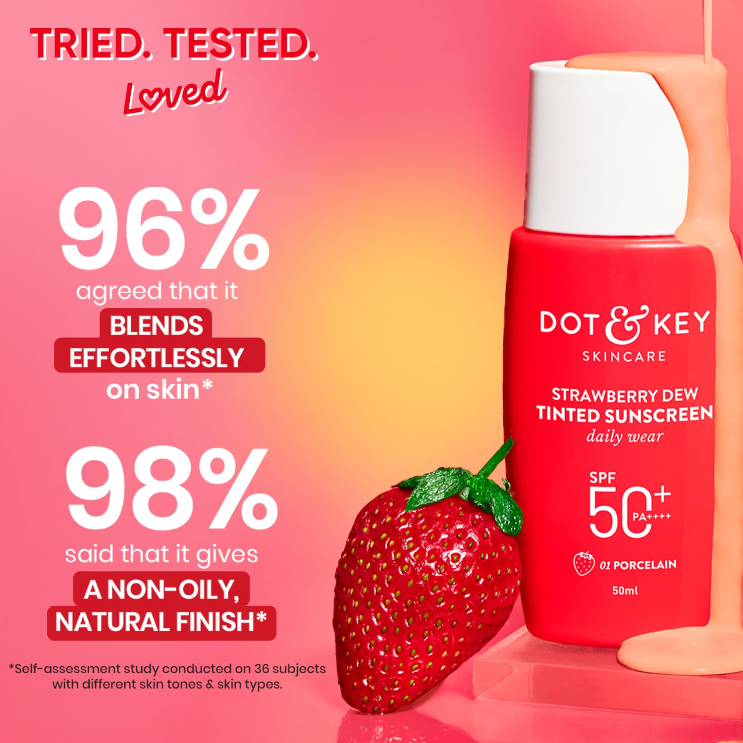 Dot & Key Strawberry Dew Tinted Sunscreen SPF 50+ Pa++++ - 01 Porcelain | Protection Against UA/UB | Broad Spectrum, Water & Sweat resistant | For All Skin Types | 50ml
