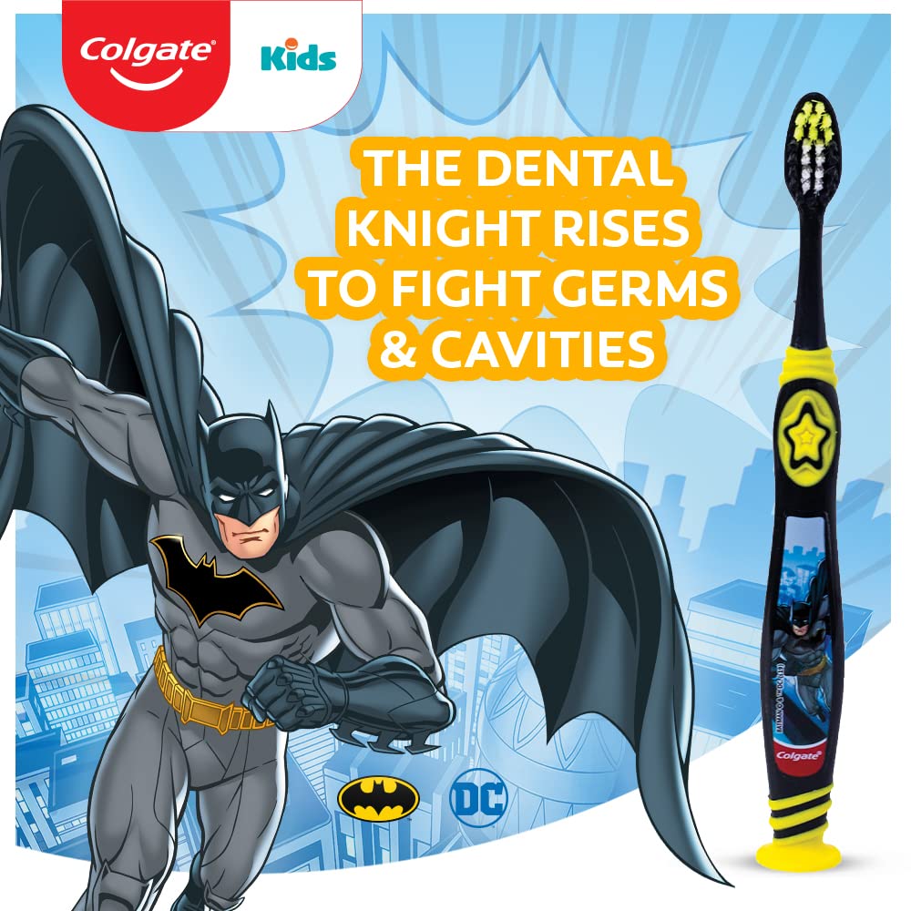 Colgate Kids Batman Manual Toothbrush, Extra-soft Bristles and Built-in Tongue Cleaner, Compact Head and Non-Slip Handle (Pack of 3)