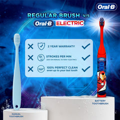 Oral-B Kids Iron Man Battery Electric Toothbrush, 90 Day Battery, IPX7 Water Resistant, Soft Bristles, Removes 100% More Plaque, 3+ Years