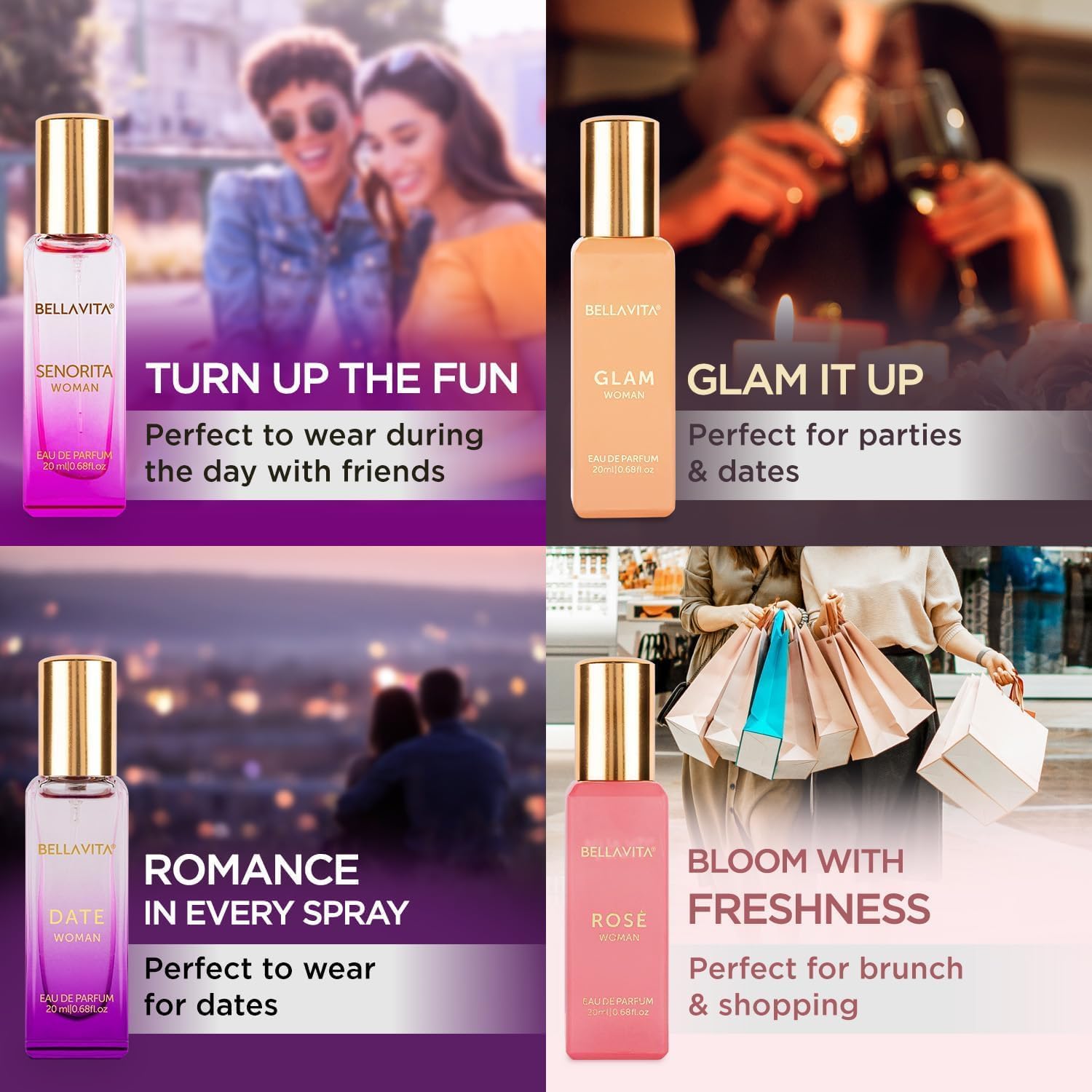 Bella Vita Luxury | Perfume Gift Set for Women 4x20ml | Gifts for Woman | Perfume for Woman | Date, Senorita, Glam, Rose Long Lasting EDP | Floral & Fruity Premium Fragrance | Glammy.lk