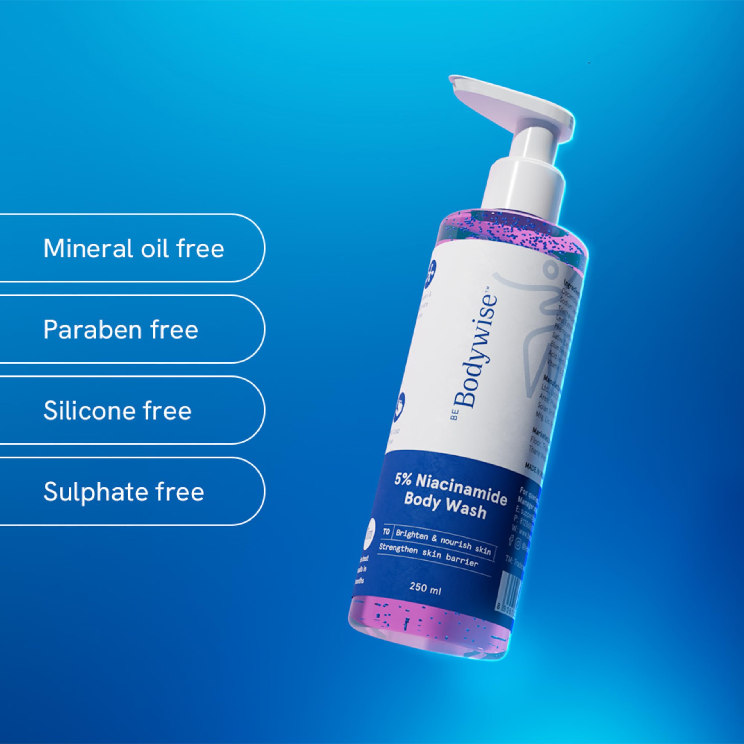 Be Bodywise 5% Niacinamide Brightening Body Wash | Hydrates & Deep Cleanses Skin | For Glowing & Hydrated Skin | With Aloe vera, Vitamin B3 & E | For All Skin Types | 250ml