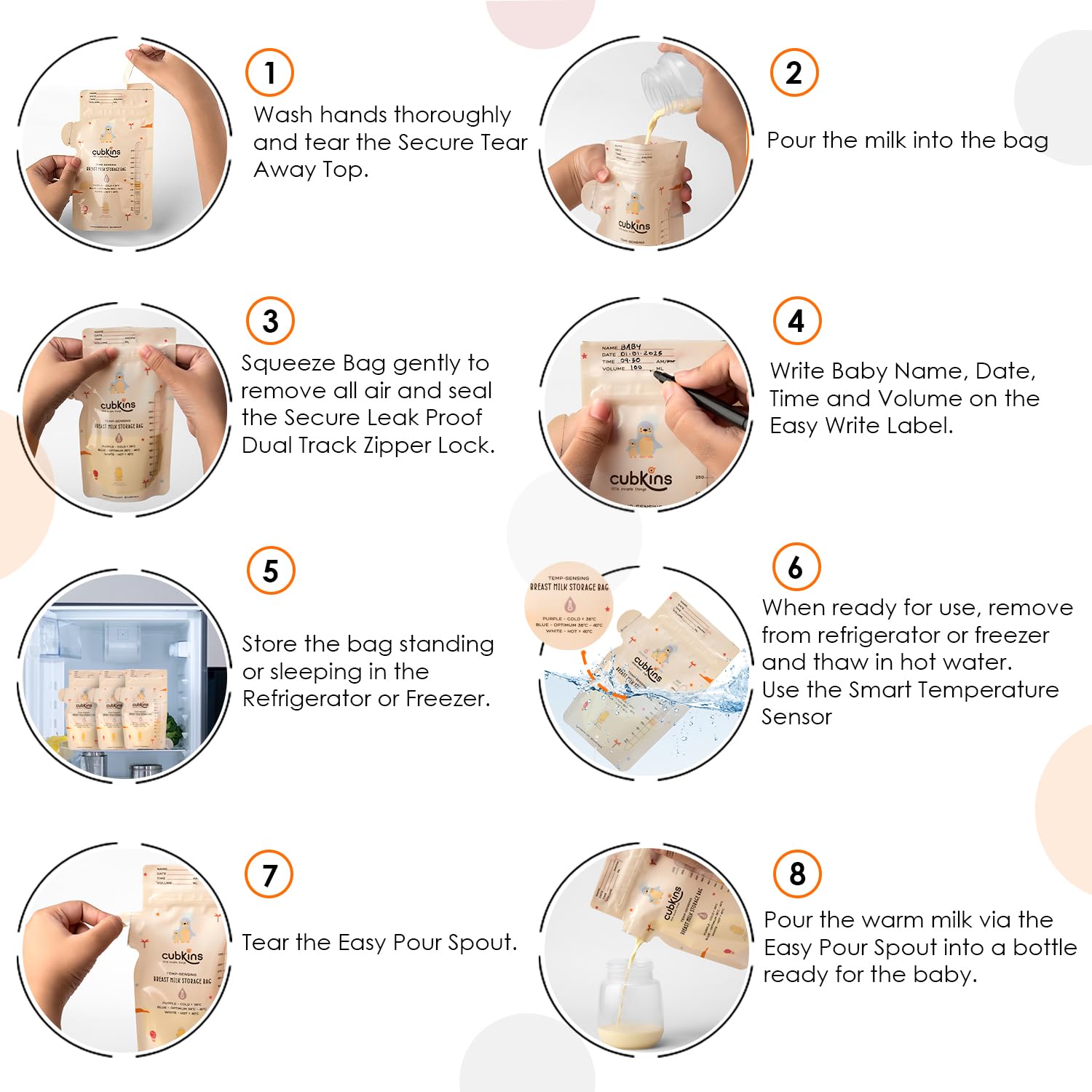 CUBKINS Breast Milk Storage Bags (Pack of 25) | Pre-Sterilized | Smart Temp Sensor | BPA Free | Single Use | Leak Proof Double Zip | Separate Fill & Pour Spouts | 250 ml Capacity | Marker Included