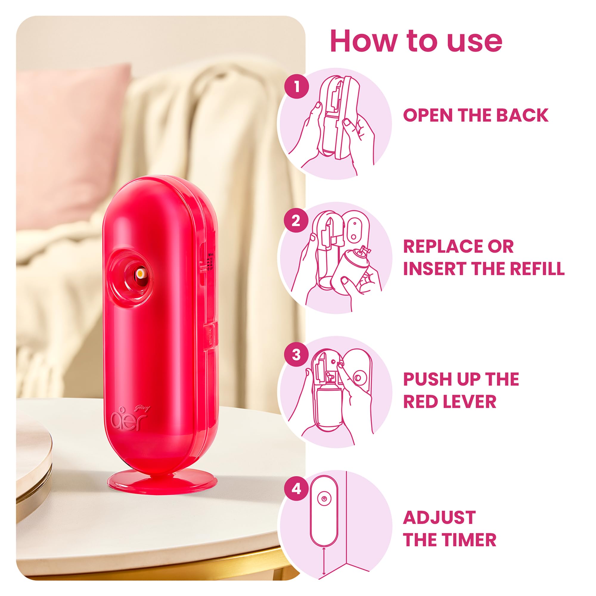 Godrej aer Matic Automatic Room Fresheners Refill Pack | Petal Crush Pink | 2000 Sprays Guaranteed | Lasts up to 60 days (210ml)