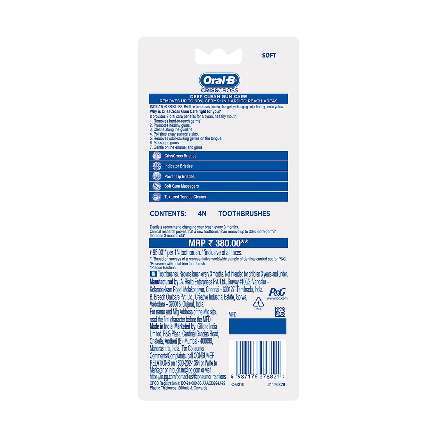 Oral-B Criss Cross Gum Care Soft Toothbrush For Adults, Soft Bristles, Healthier Gums, Multicolour Tooth Brush Set, Oral B Dentist Recommended Brand (Family Pack of 4)