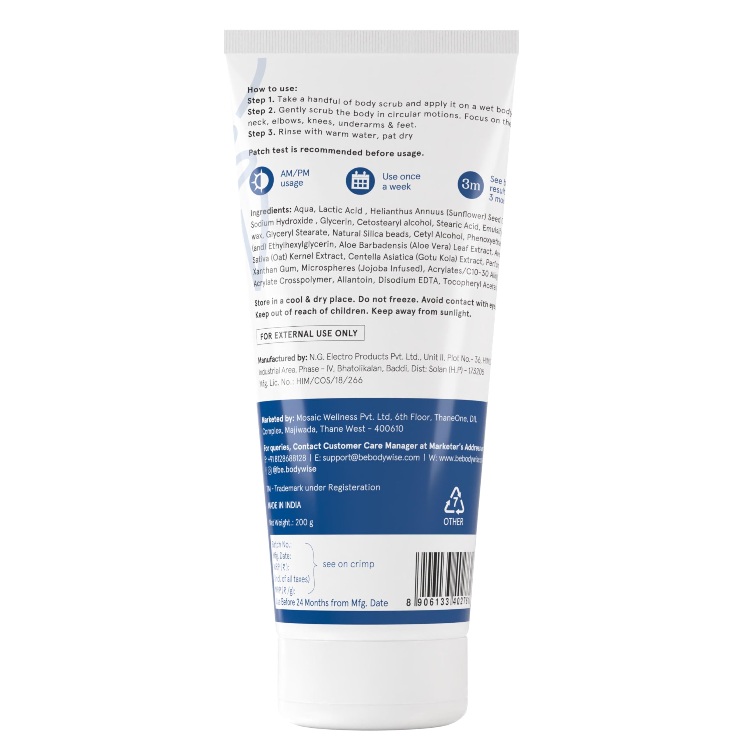 Be Bodywise 10% Lactic AHA Exfoliating Body Scrub 200g | Tan Removal & Soft-Smooth Skin | De-Tan Bathing Scrub with Centella Water & Aloe Vera, Removes Dirt & Dead Skin from Neck, Knees, Elbows & Arms | All Skin Types
