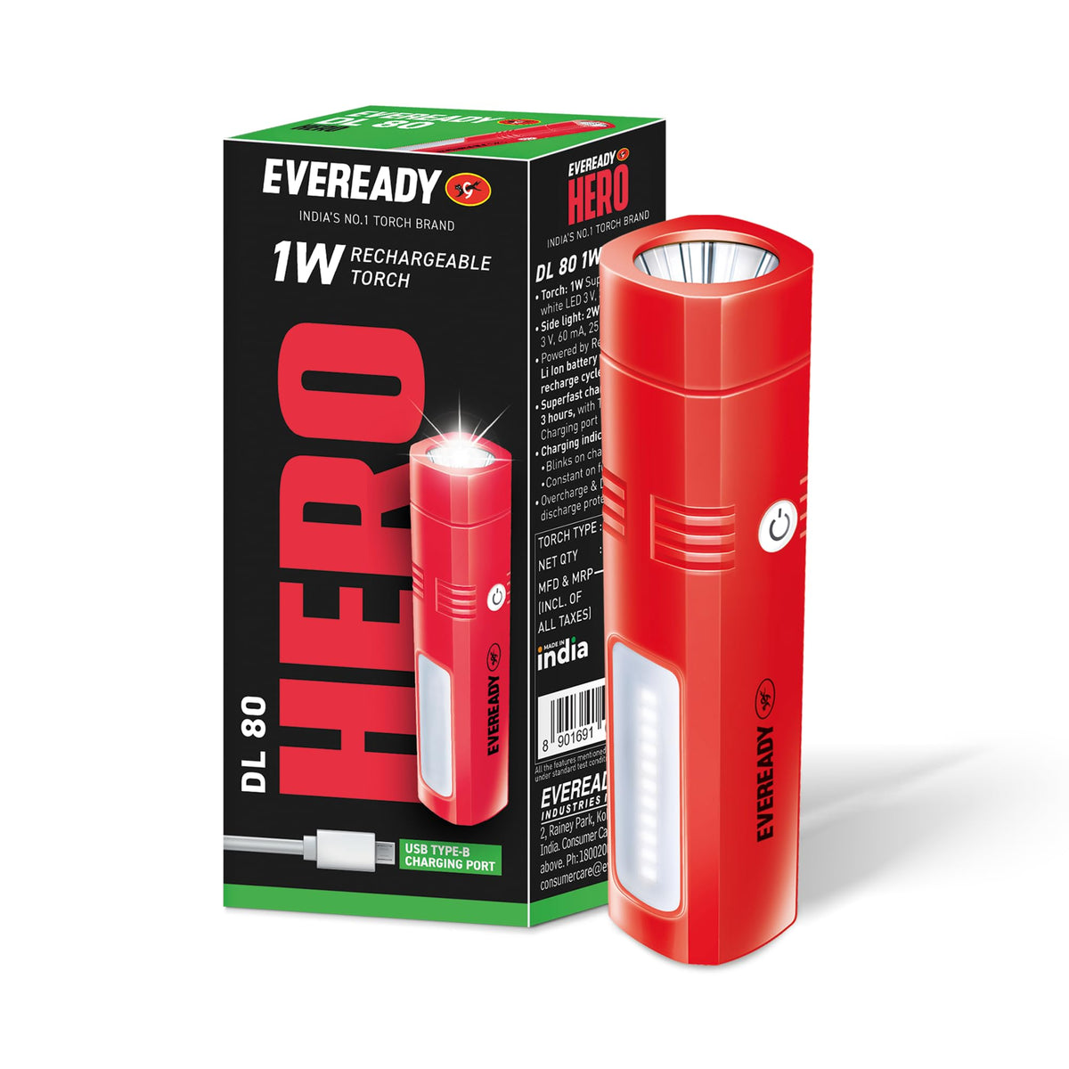 Eveready Hero DL80, Rechargeable 1W LED Torch Cum Emergency 2W Sidelight, Type-B/Micro-USB Fast Charging, Overcharge & Deep Discharge Protection, Powered by Li-Ion Battery