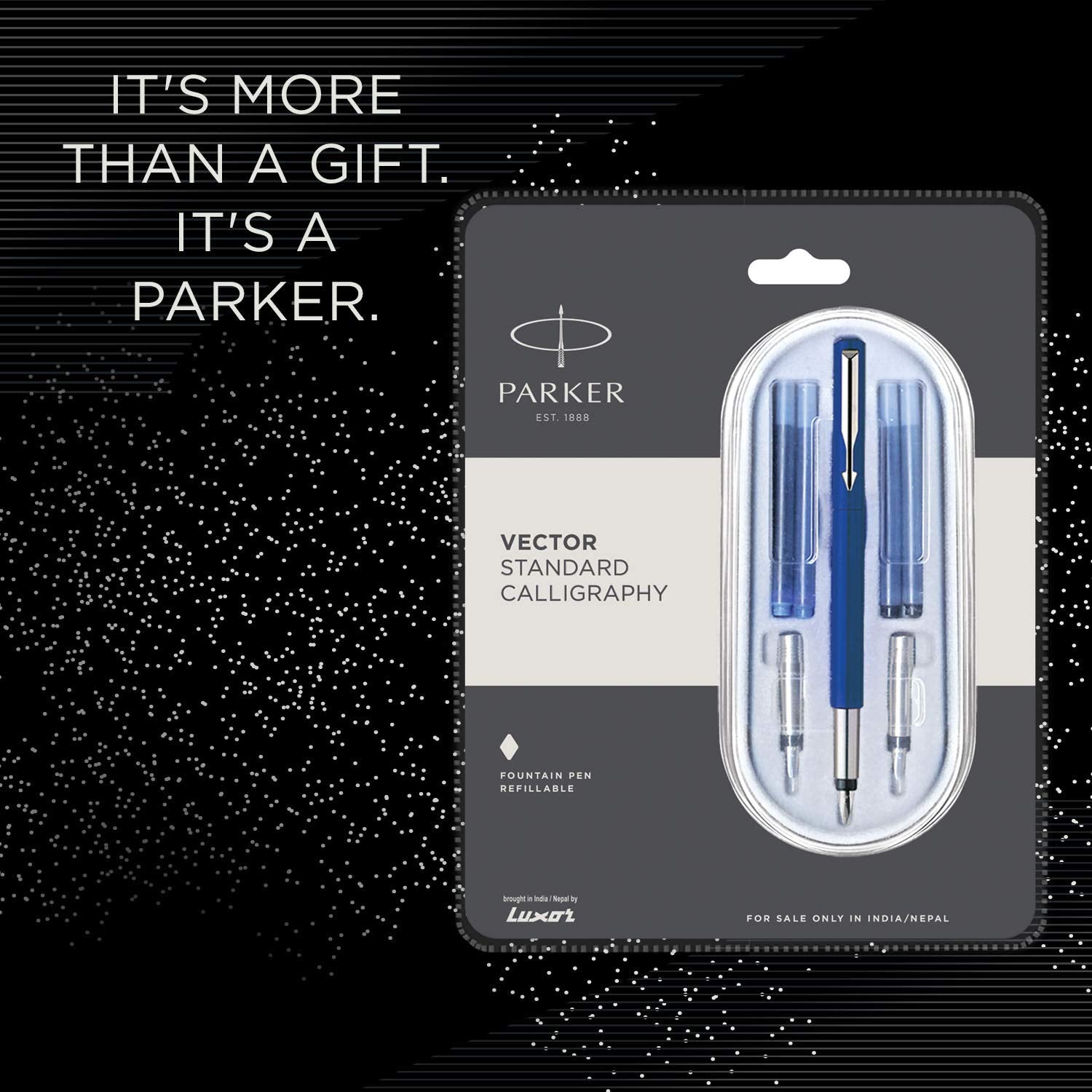 Parker Vector Standard Chrome Trim Calligraphy Fountain Pen | 7-Piece Set containts 2 Nibs, 2 Blue & 2 Black Ink Cartridges | Ideal for Creative Writing & Fine Detailing | Glammy.lk
