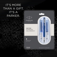 Parker Vector Standard Chrome Trim Calligraphy Fountain Pen | 7-Piece Set containts 2 Nibs, 2 Blue & 2 Black Ink Cartridges | Ideal for Creative Writing & Fine Detailing | Glammy.lk