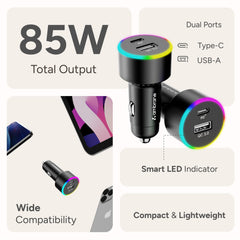 Ambrane 85W Car Charger, Mobile & Laptop Charging (Macbook & Type C Laptops), RGB Light, Dual Port Fast Charging, 65W Type C PD, 20W USB, Works with iPhone, Android, iPad & other Devices (Black, C85R)
