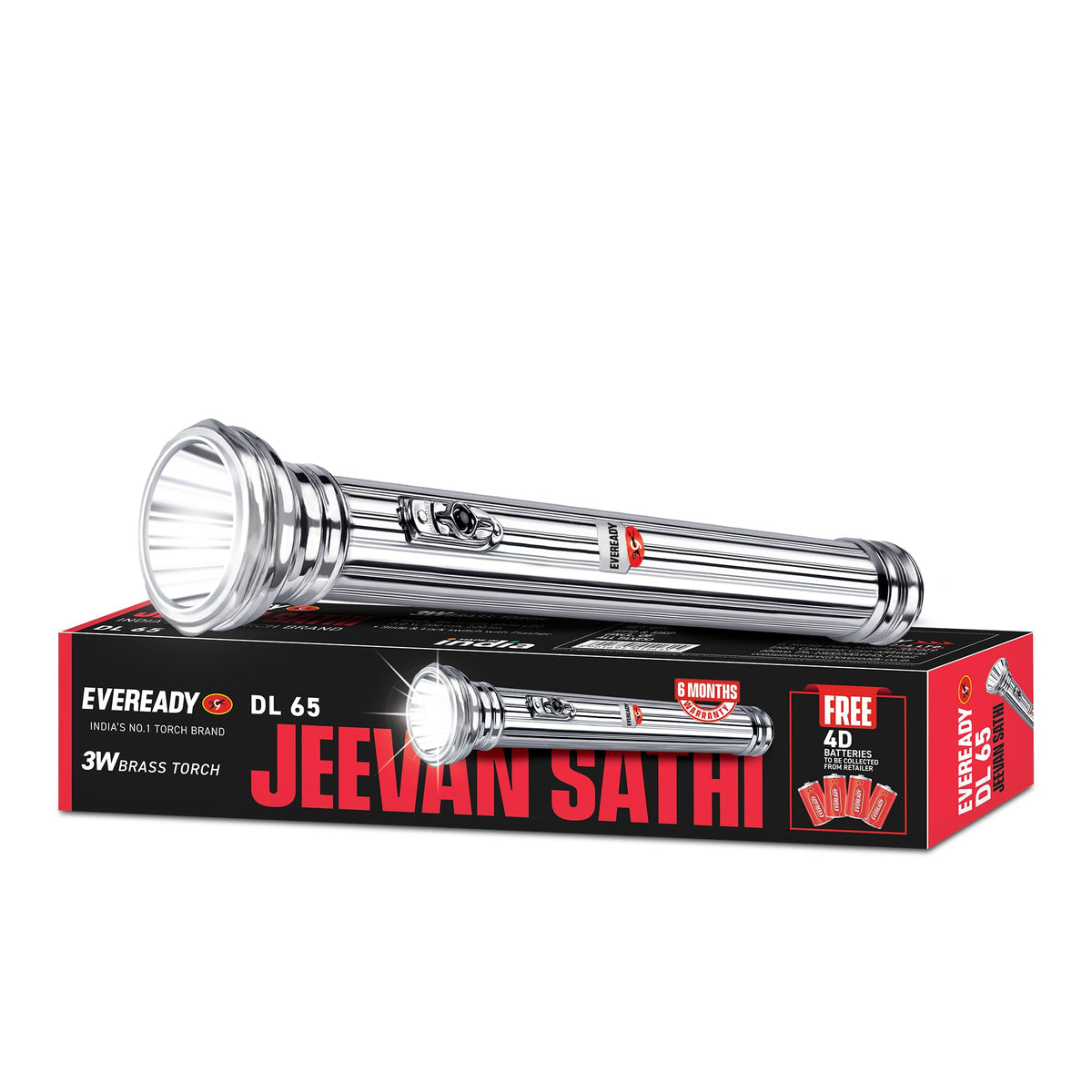 Eveready Jeevansathi DL65, Premium & Durable Brass Body, 3W Retro Emergency LED Torch, 3.5 Km Intense White Light, Free 4 D Size Batteries Packed Inside