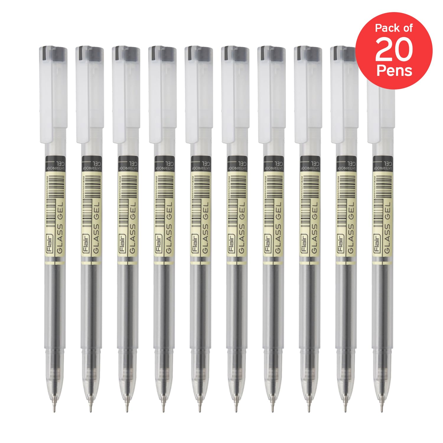 FLAIR Glass 0.6mm Gel Pen | Water Proof Ink for Smooth Flow System | Low-Viscosity for Smudge Free Writing | Quick Dry | Transparent Body With Fine Tip | Black Ink, Pack of 20
