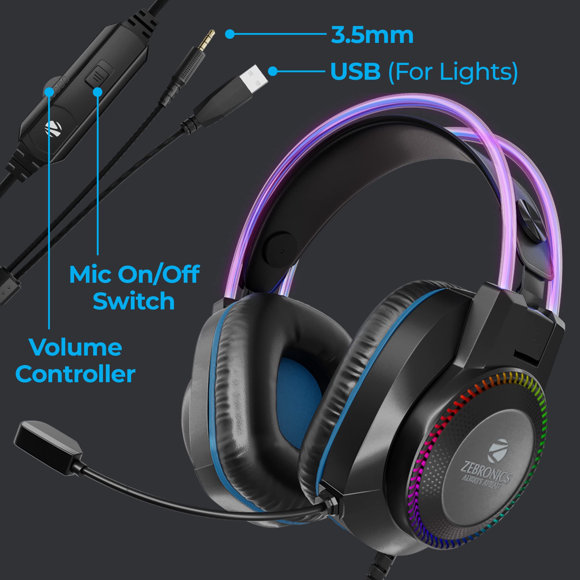 Zebronics Jet PRO Premium Wired Gaming On Ear Headphone with LED for Headband + earcups, 40mm Neodymium Drivers, 2 Meter Braided Cable, with mic, Suspension Design, 3.5mm + USB (Black, Blue) - Personal Computer from ZEBRONICS - Shop in Sri Lanka at Arcade.lk