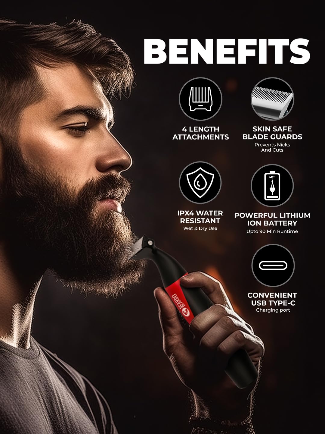 Beardo Multipurpose I Blade Trimmer & Shaver for Beard, Body, Hair & Groin | With 4 Trimming Combs | 90 min. Run Time USB TYPE C Charging - Personal Care Appliances from BEARDO - Shop in Sri Lanka at Arcade.lk