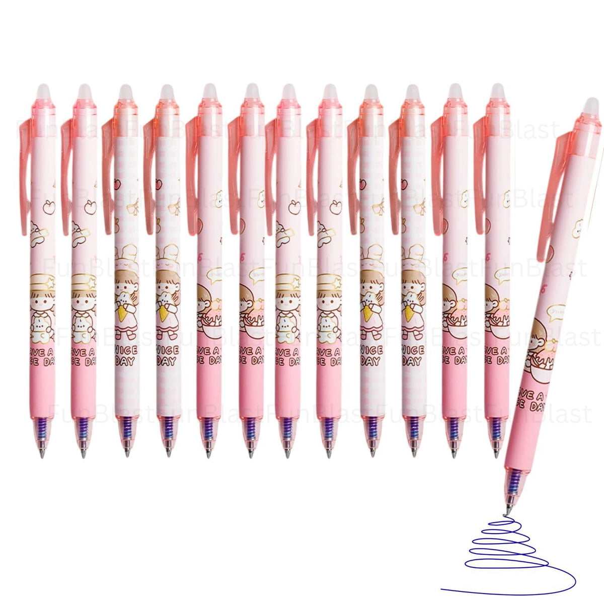 FunBlast Erasable Gel Pens – 12 Pcs of Gel Pen with Magic Eraser, Kawaii Gel Pens, Lightweight Gel Pen with Comfortable Grip, Stationery for School & Office – Blue Ink