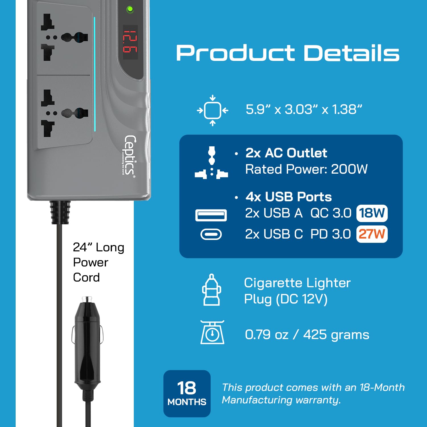 Ceptics 200W Power Inverter, Car Laptop Charger with 2 USB-A (3.1A Max) + 2 USB-C (PD 27W) Ports, 12V DC to 220V AC, 2X Universal AC Outlet