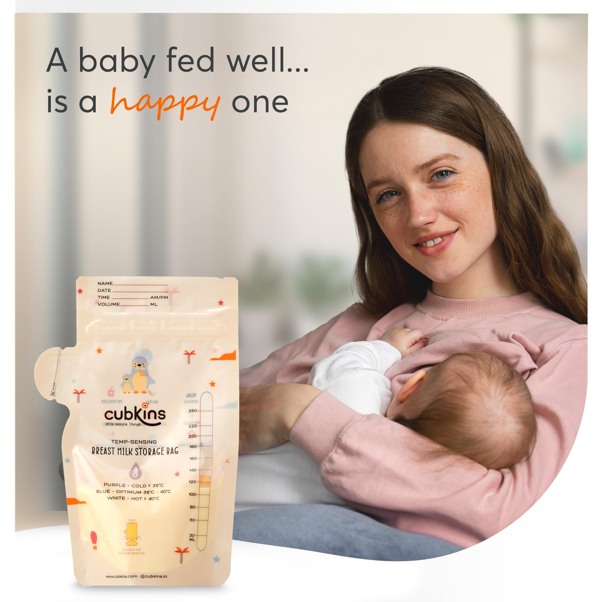 CUBKINS Breast Milk Storage Bags (Pack of 25) | Pre-Sterilized | Smart Temp Sensor | BPA Free | Single Use | Leak Proof Double Zip | Separate Fill & Pour Spouts | 250 ml Capacity | Marker Included