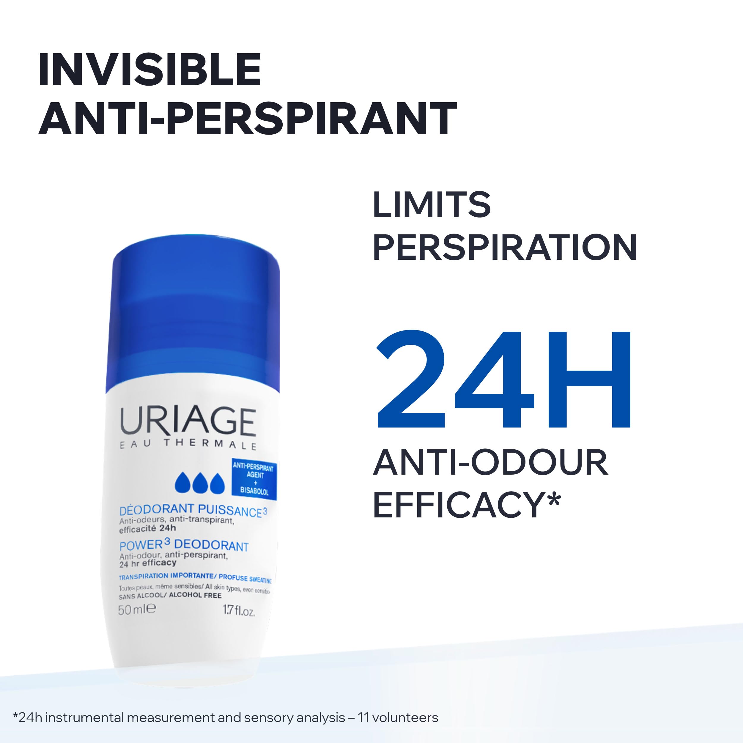 Uriage Power3 Antiperspirant Deodorant Roll-On - 24H Sweat & Odor Efficacy - Dry Touch - No White Marks - No Yellow Stains - Fresh Unisexe Scent - Long-Lasting formula - Alcohol-Free - Hypoallergenic