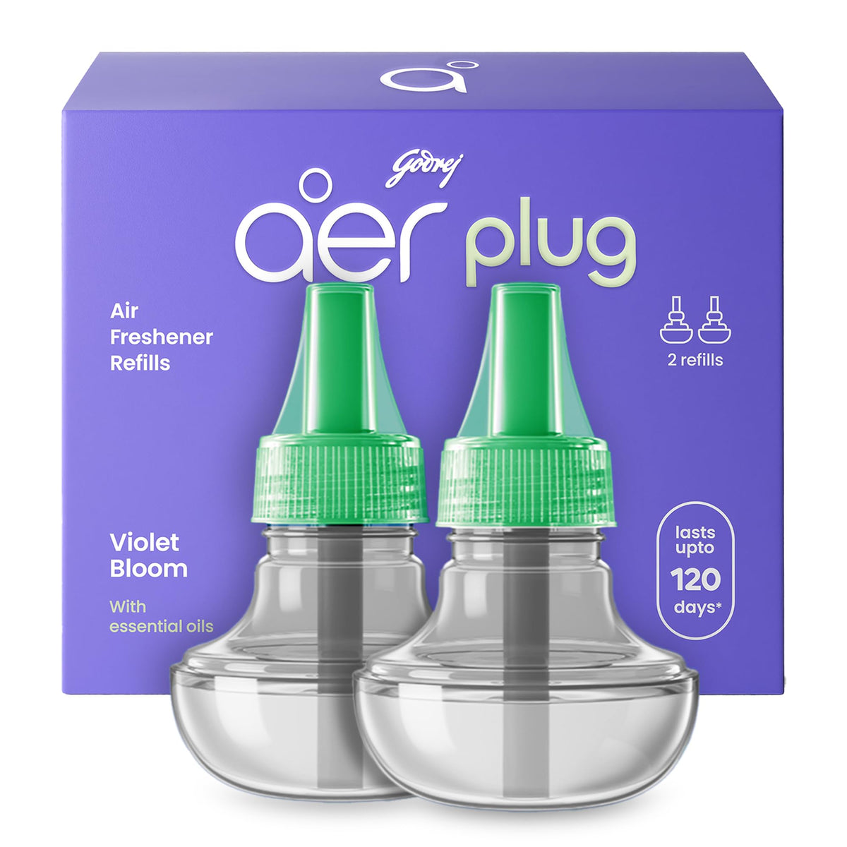 Godrej aer Plug Electric Air Freshener 2 Refills (20ml each) | Violet Bloom | Lasts up to 120 days, Liquid