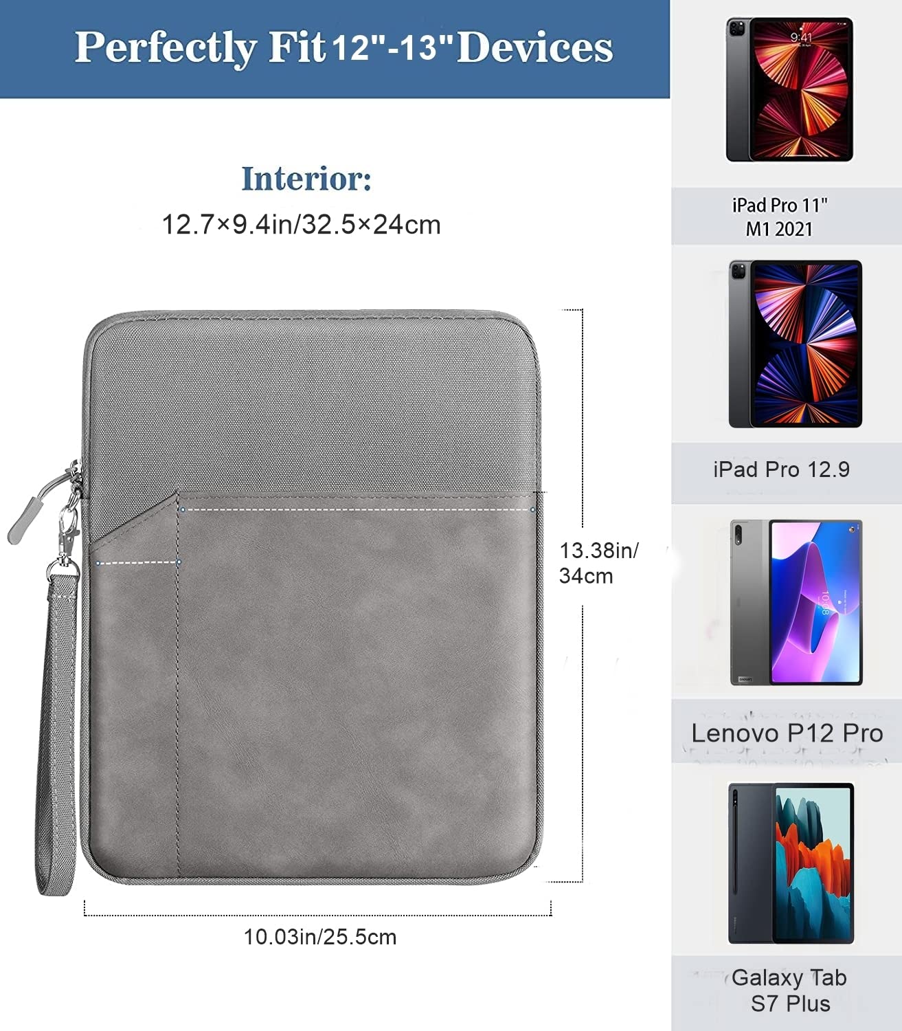 ProElite Polyester Tablet Sleeve Case Cover 12" to 13" for Apple iPad Air 13/Pro 13/Pro 12.9 Samsung Galaxy Tab S7/S8/S9 Plus/S7/S9 FE Plus 12.4", Lenovo Tab P12, Surface Pro, Dark Grey