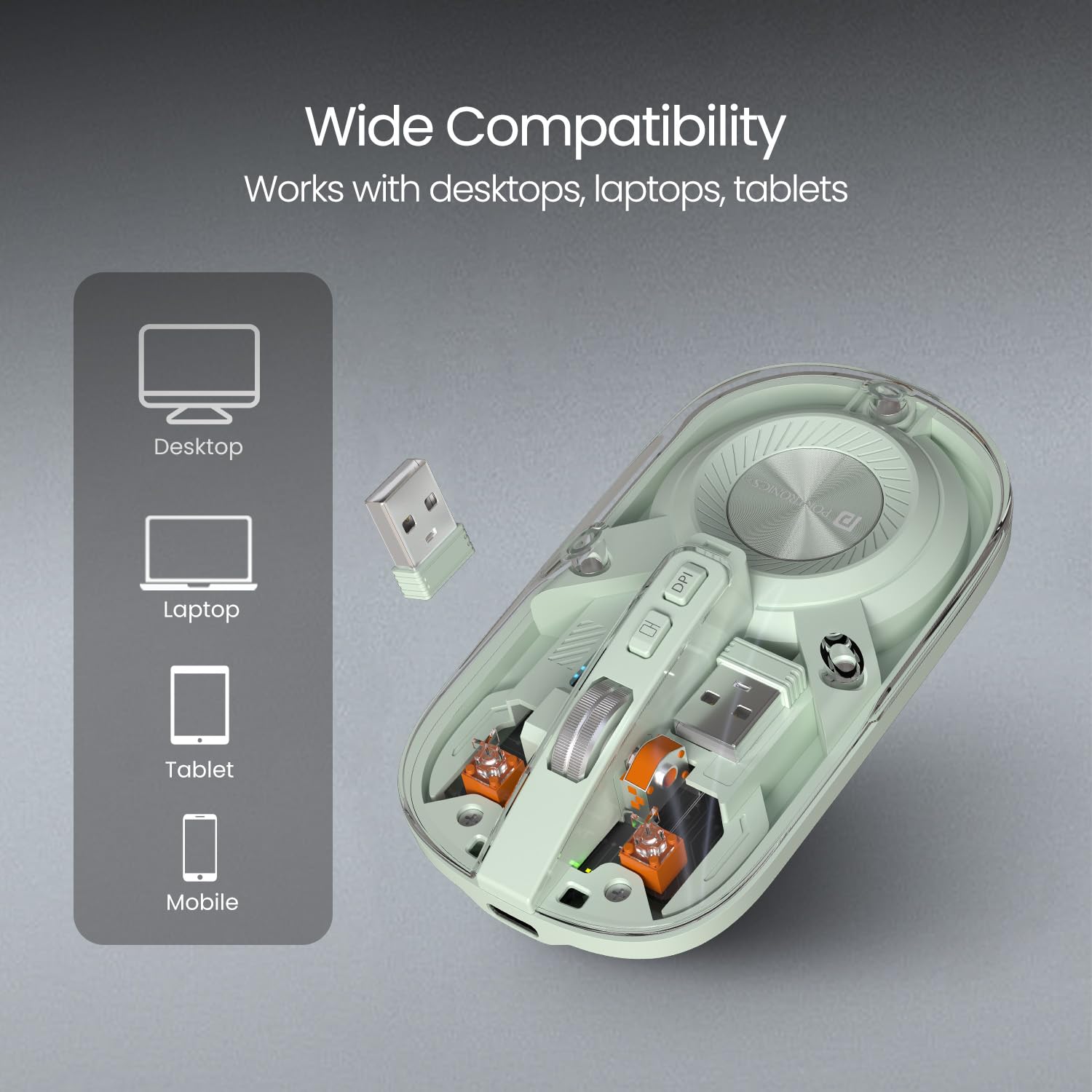Portronics Toad 8 Transparent Wireless Bluetooth Mouse with Dual Wireless (BT + 2.4 GHz), Rechargeable Battery, Noise-Free Clicking, Show/Hide Desktop, Multi-Device Pair, Adjust Sensitivity (Green)