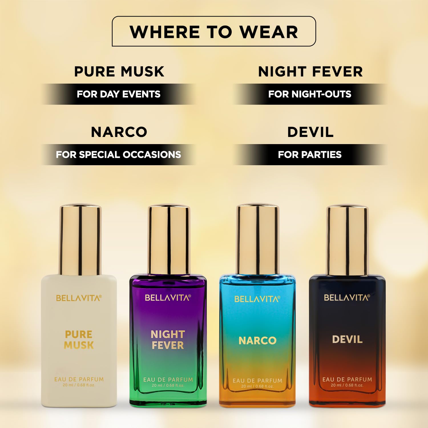 BELLAVITA Unisex Scents | Long Lasting Perfume Gift Set for Man and Woman | EDP 4x20ML | Bergamot, Vanilla, Cedar and Sandalwood | Woody, Musky Long Lasting Premium Fragrance
