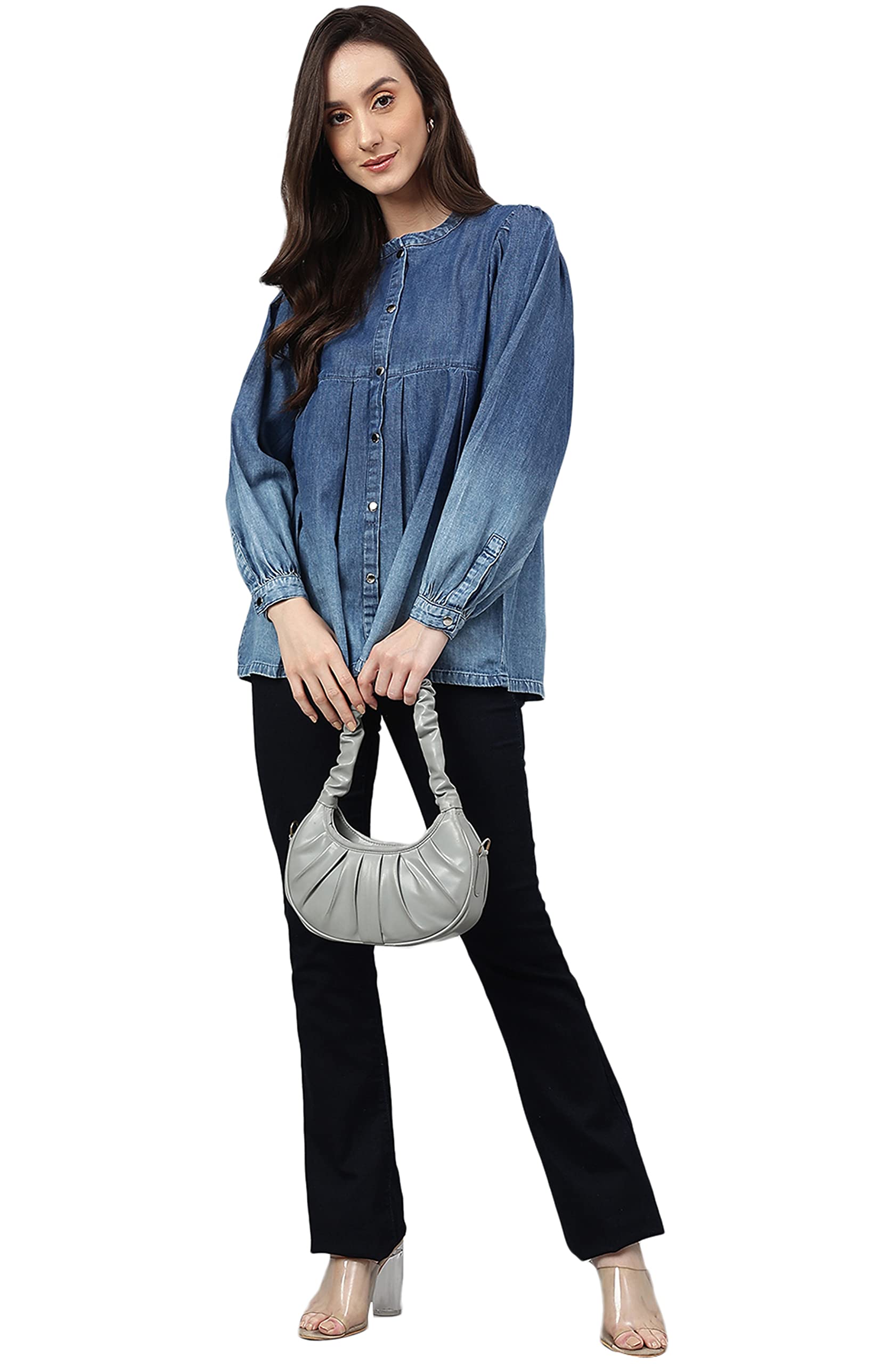 Women's Blue Denim Faded Flared Top(JNE4078-TP-M)