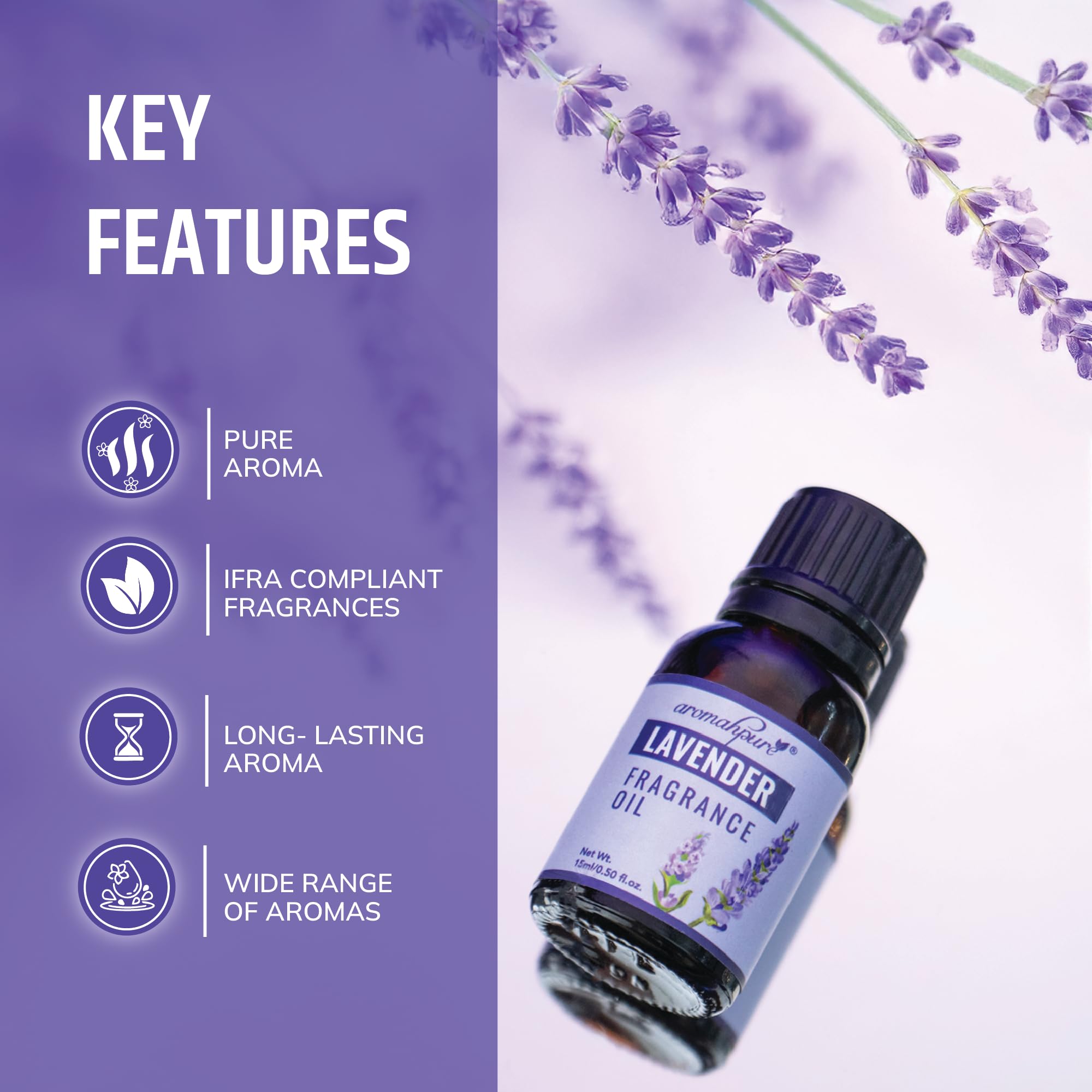 Aromahpure Fragrance Oil | 15 ml | Lavender Aroma Oil for Home Fragrance | Best for Aromatherapy | Helps in meditation | Used in Diffusers, Candles, Air Fresheners, Soaps, IFRA certified