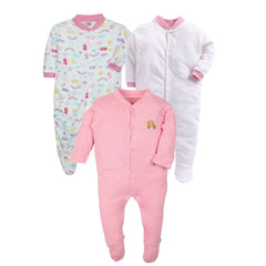 EIO 100% Cotton Sleep Romper Sleepsuits Jumpsuit Night Suits for Infants Newborn Baby Boys & Girls Pack of 3 (0-3 Months)