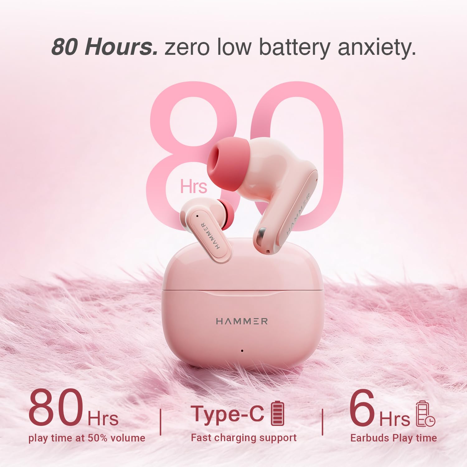 HAMMER Airflow Neo Bubblegum Earbuds with 80H Playtime, 13mm Titanium Driver, 40ms Gaming Mode, Fast Charging Buds, Type-C Charging, Voice Assistant, Lightweight Dual-Tone Design (Pink)