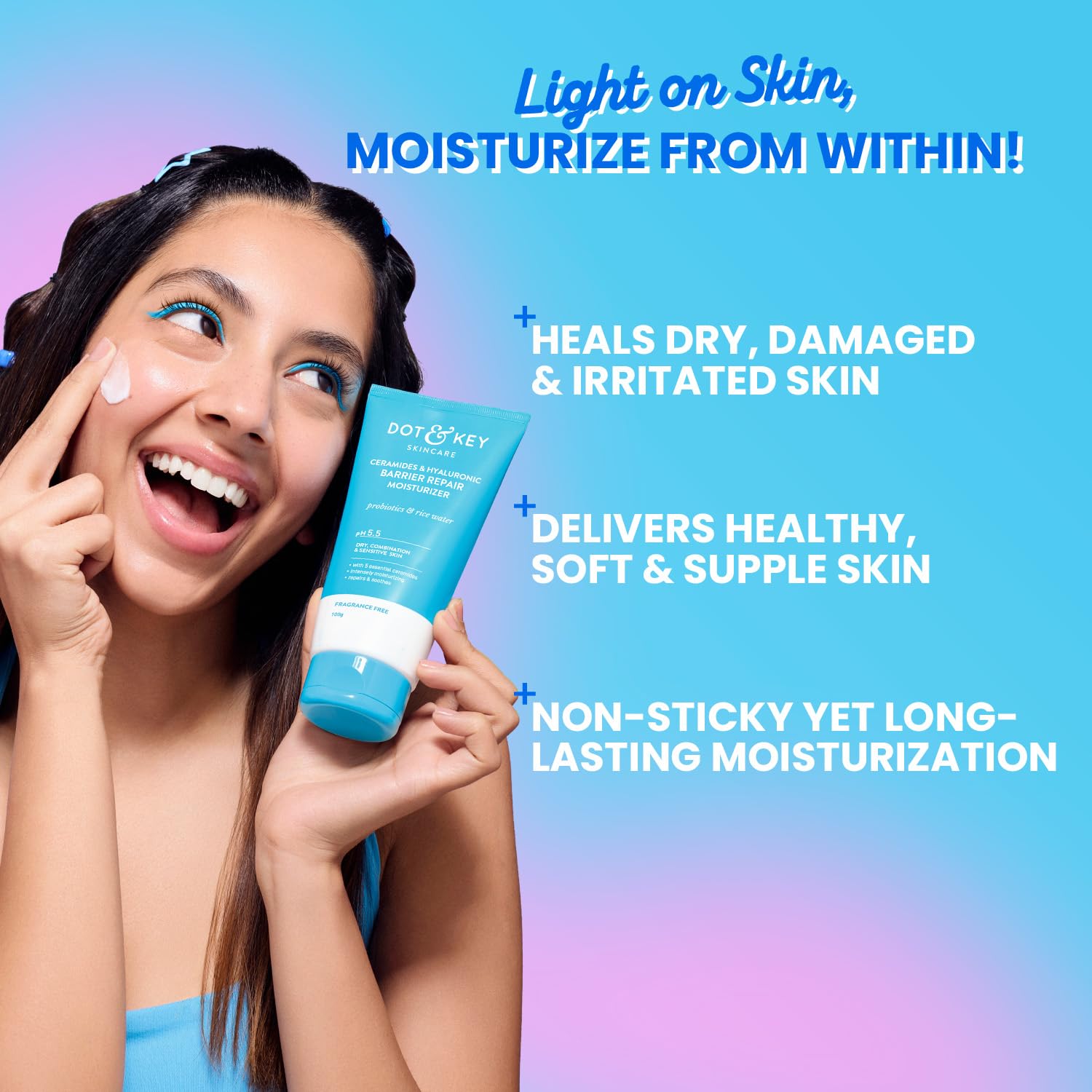 Dot & Key Ceramides Moisturizer with Hyaluronic for Intense Moisturizing and Skin Strengthening | With Probiotic & Rice Water I Barrier Repair Cream | For Dry Skin, Normal & Sensitive Skin | 100g