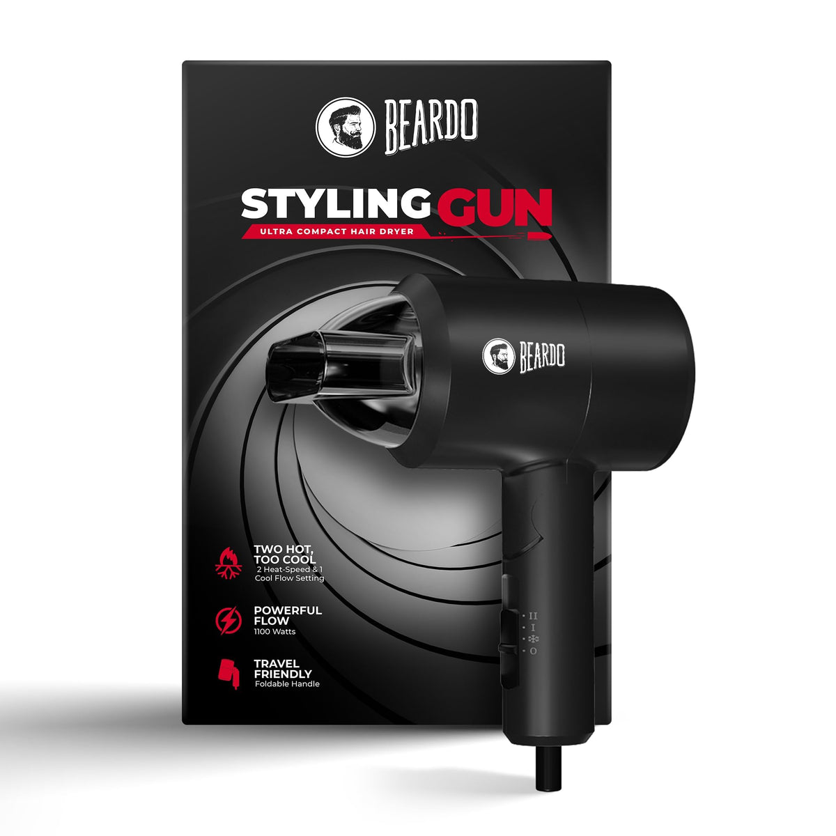 BEARDO Styling Gun Ultra Compact Hair Dryer | 1100 Watts Foldable Hair Dryer | 3 Heat 2 Speed Setting | Travel Friendly | Stylish Matte Black Finish | Gift For Friends | Gift for Husband