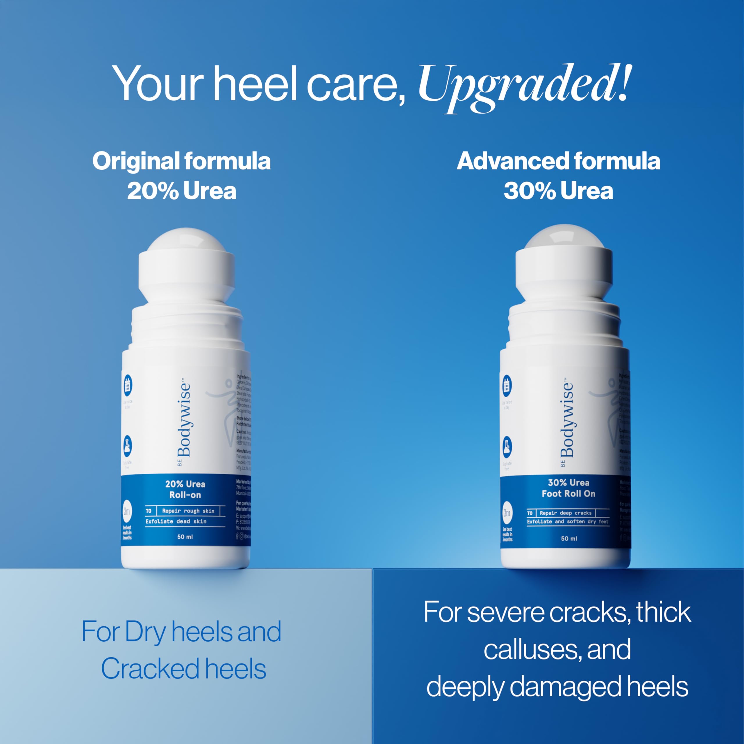 Be Bodywise 30% Urea Foot Cream Roll On 50ml | For Dry & Cracked Heels | With 5% Lactic Acid, Olive Oil & Vitamin E | Helps Repair and Moisturise Cracked Heels