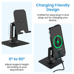 Ambrane 360° Rotation, Foldable Design Mobile Stand with Stable Metalic Round Base, Multiple Height & Angle adjustments Compatible with Smartphones, Tablets, Kindles & iPad (Twistand 360, Black)