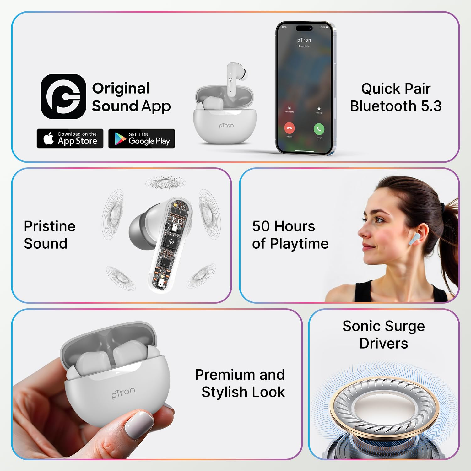 pTron Bassbuds Astra in-Ear TWS Earbuds w/Stereo Sound, 50Hrs Playtime, Stereo Calls, Custom EQ, Mobile App, BTv5.3 Headphones, Touch Control, Voice Assistant, Type C Charging & IPX4 (Grey)