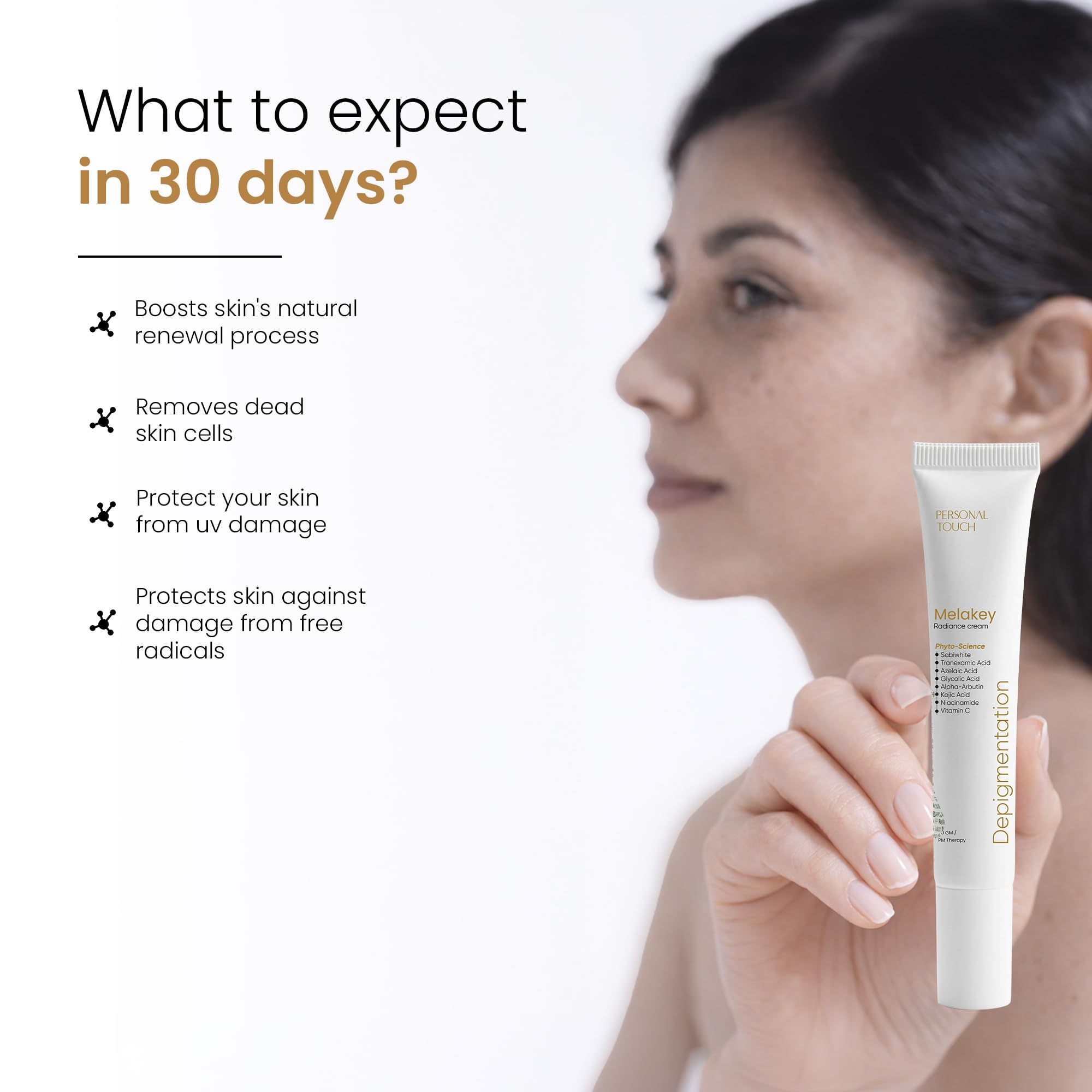 Personal Touch Melakey Radiance Cream for Hyperpigmentation & Melasma | Pigmentation Removal Cream | 5% Azelaic Acid | Dark Spot Corrector with Glycolic Acid & Niacinamide for Even Skin Tone | 20gm